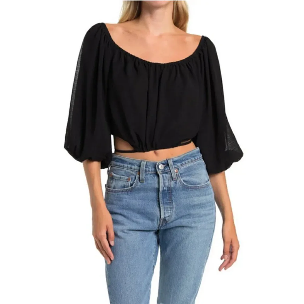 💕ASTR THE LABEL💕 Tie Waist Balloon Sleeve Top ~ Black Large XL NWOT